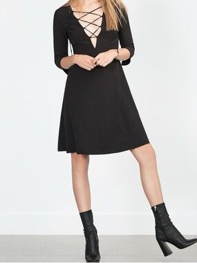 Zara Cute Black Lace-Up V-Neck Mini Dress, Size M